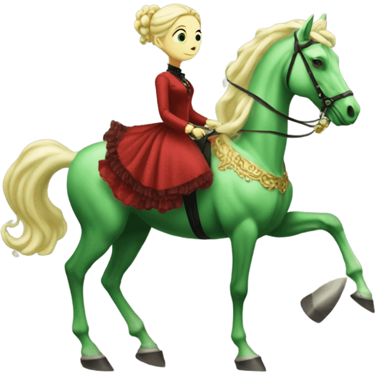 "galora green blonde alien woman" in red Victorian elegant dress, full body, rides "horse gold and white"
 emoji