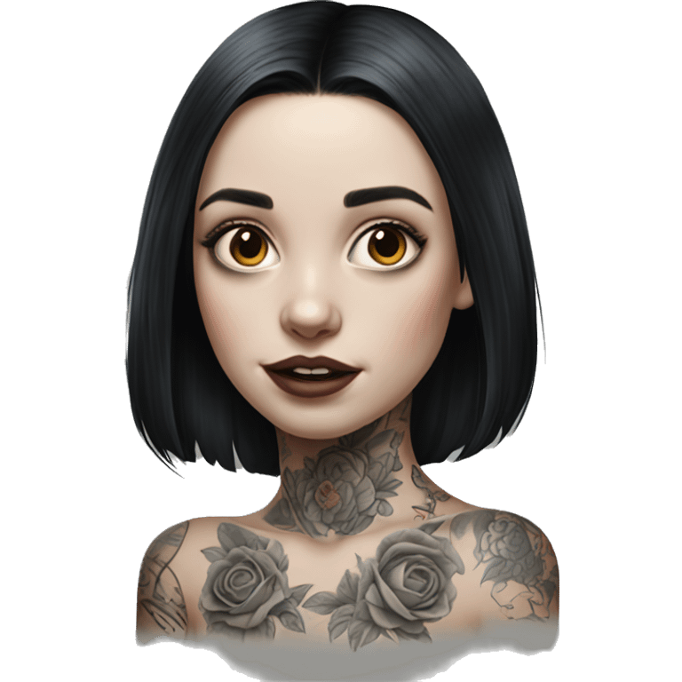 Hyperrealistic Pale girl with black hair arm tattoos emoji