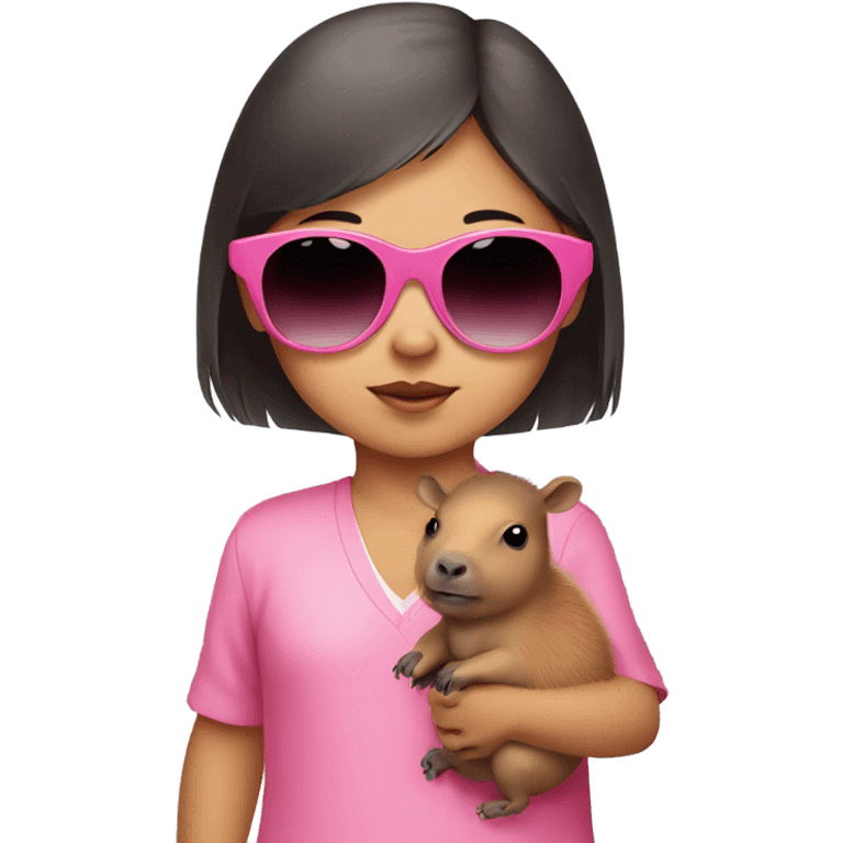 Asian baby girl in pink with sunglasses with capybara  emoji