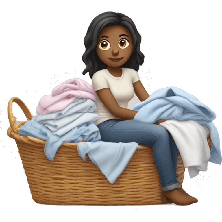 Girl laying on tall pile of laundry in a basket emoji