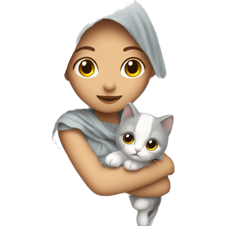 A veil girl is holding a gray white kitten emoji