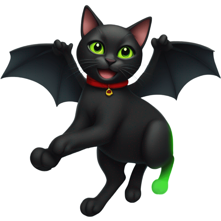 Black cat with green eyes flying in the sky with red shoes on paws  emoji