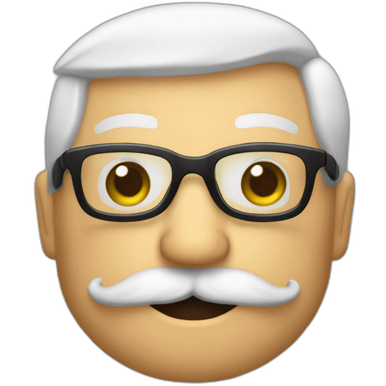 Emoji con gafas a media nariz y bigote de abuelo, peinado hacia tras y con algo de canas, 64 años. Saludando emoji