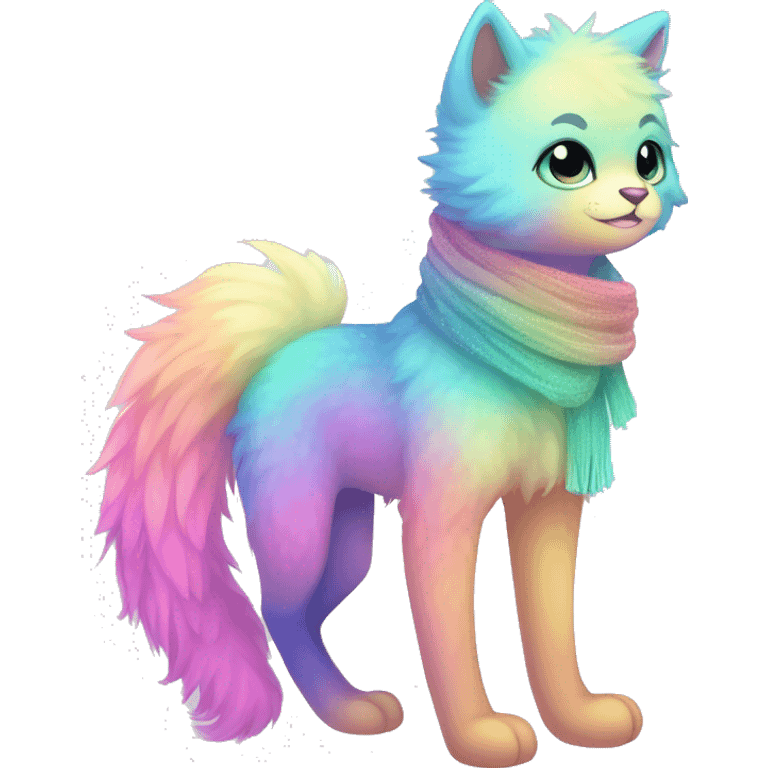 Edgy Kawaii cute gorgeous colorful sparkly bright light pastel gradient fantasy ethereal fluffy fursona animal creature with a cute scarf full body emoji