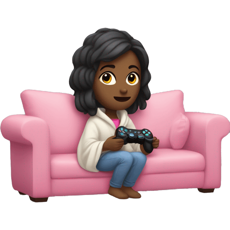 White girl with dark hair wrapped up in a blanket sitting on a couch with a pink gaming controller in her hands emoji