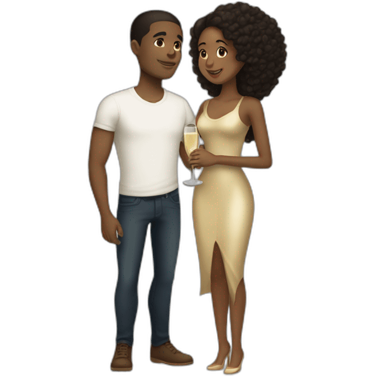 Tall lightskin man with champagne, hugging short darkskin woman emoji