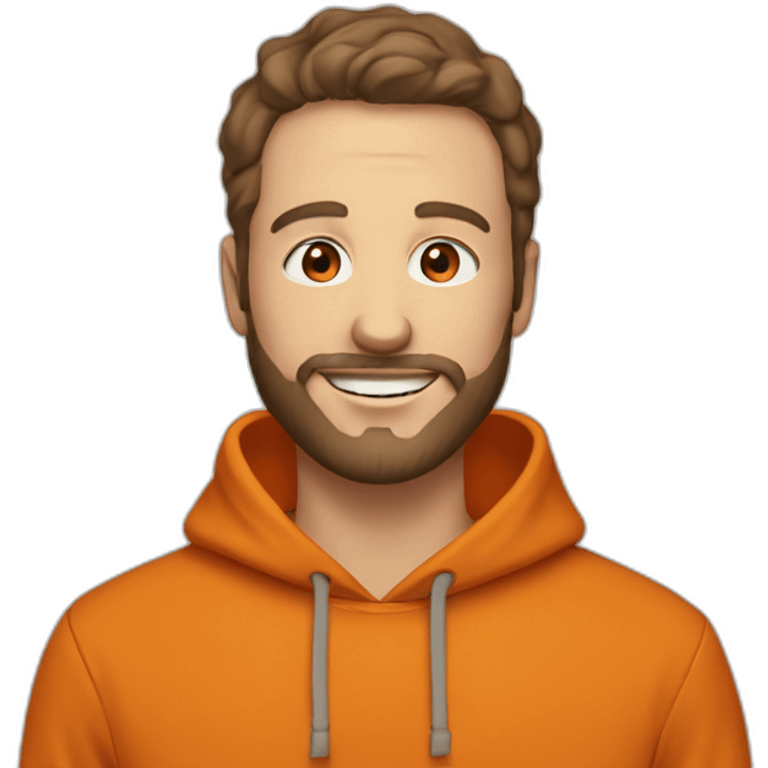 white dude smiling with a brown beard and short brown hair with an orange hooded hoodie with the letters "Posh" on the hoodie emoji