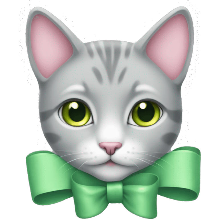 Light grey cat with green eyes wearing a small pink bow emoji