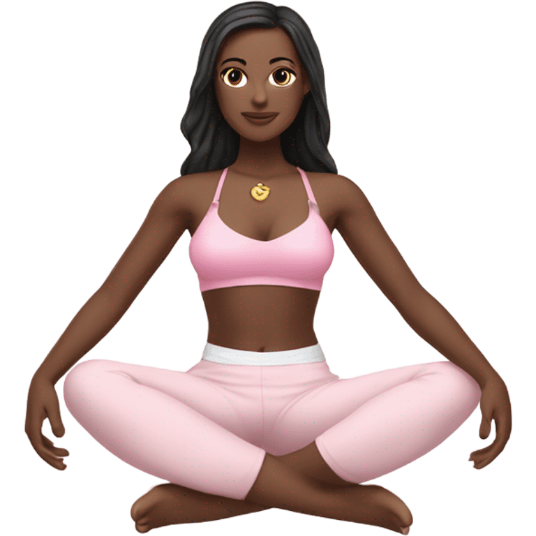 A white girl with brown eyes and black long hair,  is sitting in a lotus position in a pink bra top and short white skirts emoji