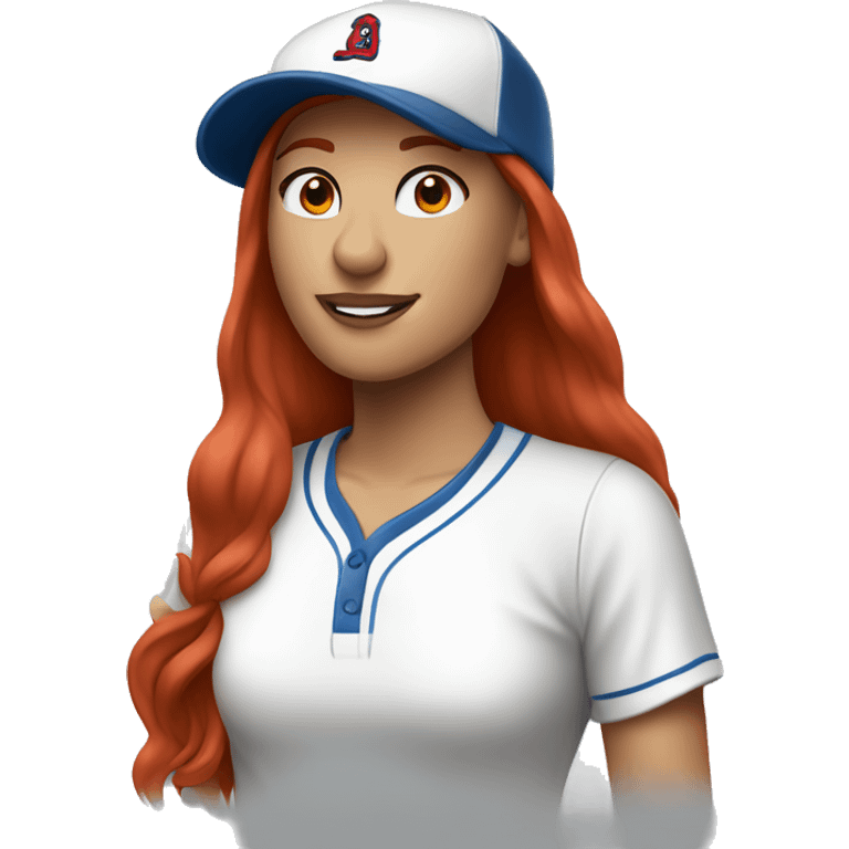 standing up white female coach with long red hair in white t-shirt and with a simple blue baseball hat emoji