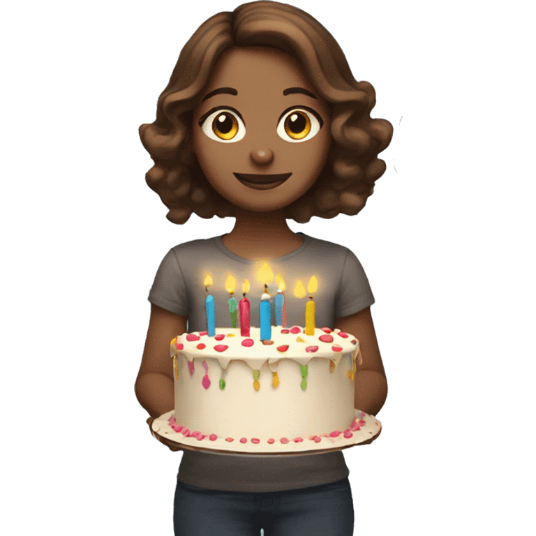 a brown hair girl holding a birthday cake and balloons emoji