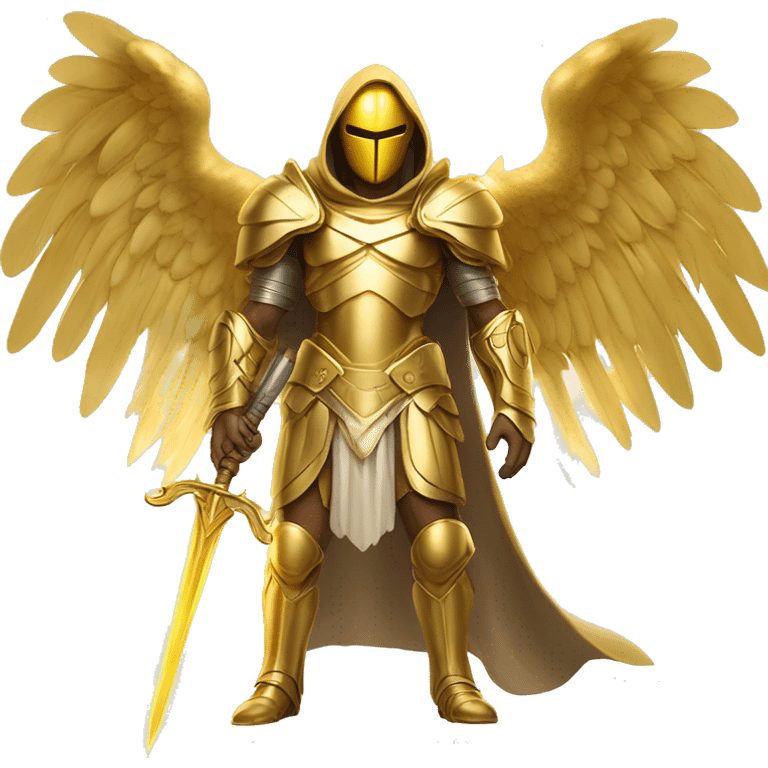 
archangel with golden wings in golden armor covering the whole body, in a golden hood, his face is not visible because of the rays of light, holding a golden sword in his hand, in full height, golden wings emoji