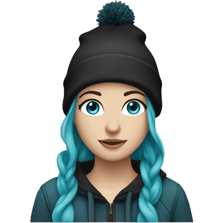 White girl, blue eyes, long teal hair, purple beanie hat, black hoodie, blue jeans, black shoes emoji