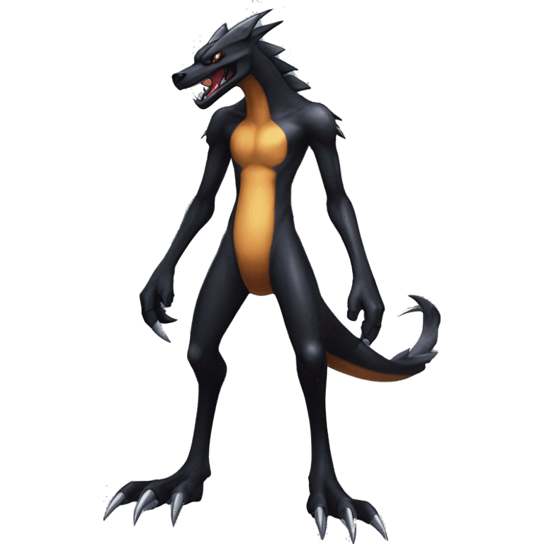 Black, Cool, Edgy, Nargacuga-Garchomp-Houndoom-Sergal Fakémon-Digimon with sharp markings,  full body emoji