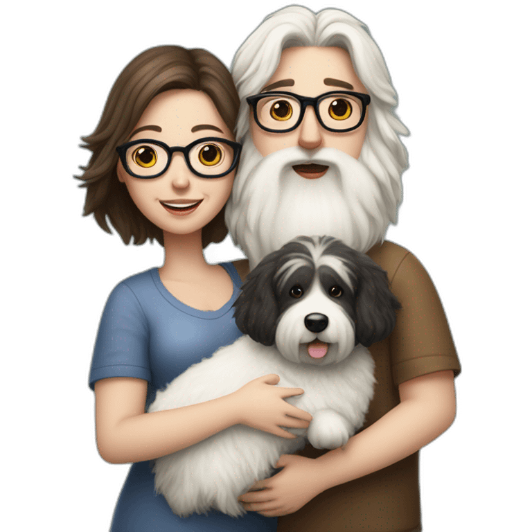 Hyperrealist pregnant girl with half long brown hair with glasses, a boy with long beard, glasses and short hair and english sheepdog emoji