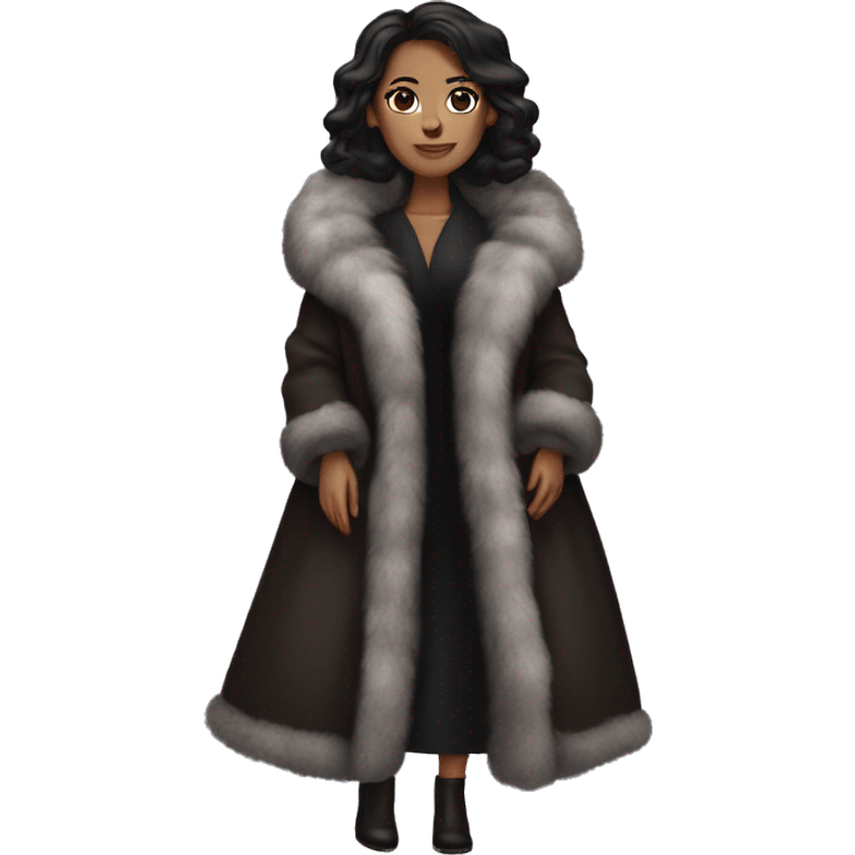 Dark haired woman wearing big full length fur coat emoji