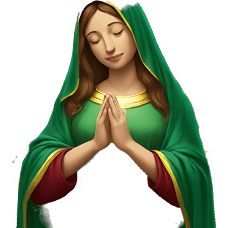 Virgin Mary: kind face looking down at the left, long brown hair, Wearing an emerald green  robe with gold stars and a burgundy red dress,  Hands in prayer or blessing. Halo around her head. standing in front of a big sun. colorful roses on the sides  emoji