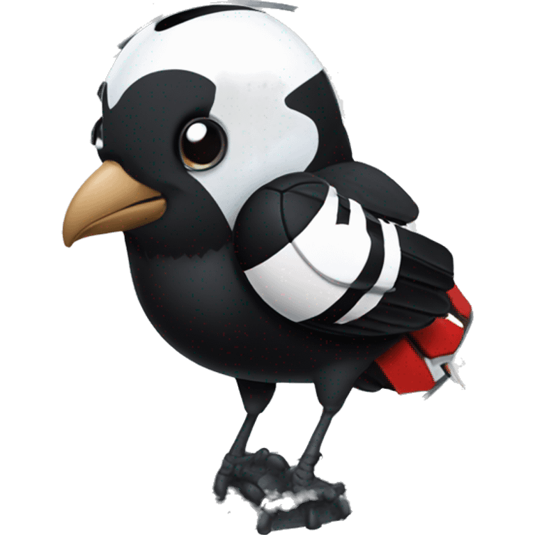 A magpie wearing a Manchester United uniform holding a ball in the space station emoji