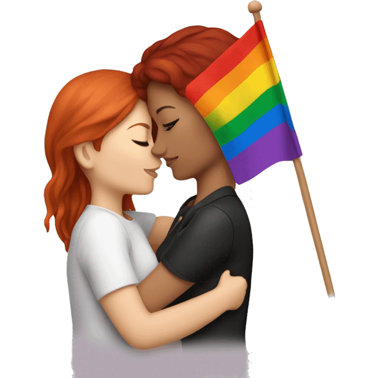 Brunette and redhead lesbian couple are kissing and hold lgbt flag emoji