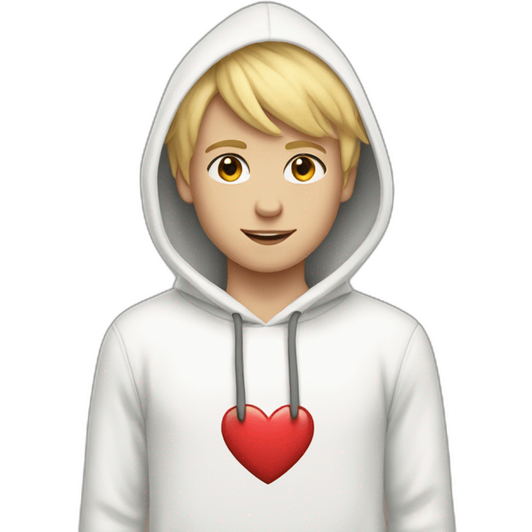 blonde haired boy in white hoodie with a heart on it emoji