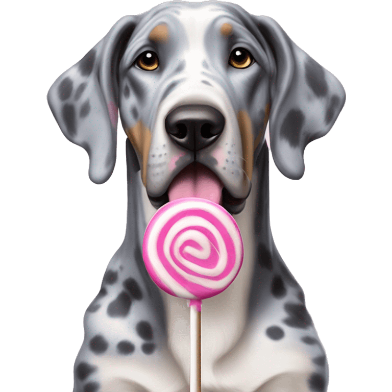 Blue Merle Great Dane holding pink lollipop emoji