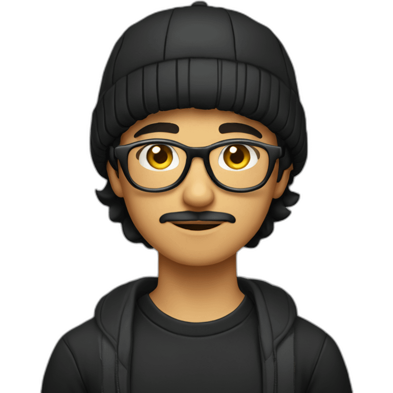 a light skin Pakistani teenager, wearing round glasses, short moustache, black hair, black jumper/sweater, structured manly face, yellow brimless cap emoji