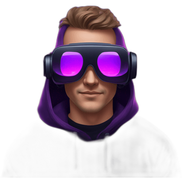 Russian man in the black hoody with violet OMG VR logo on it wearing vr headset oculus quest 2. Cyberpunk style. Violet neon. emoji