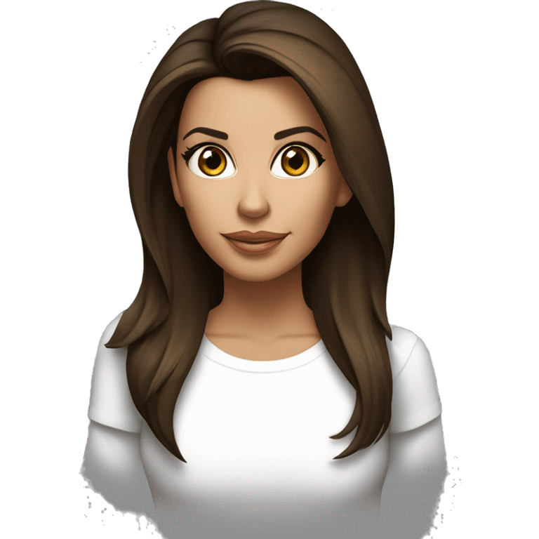 3/4 face, contrasted, shadow, light, Eva Longoria expression, standing, thin nose, brunette woman, hazel eyes, long eyelashes, dark shoulder shaded hair, white t-shirt, jeans, white sneakers emoji