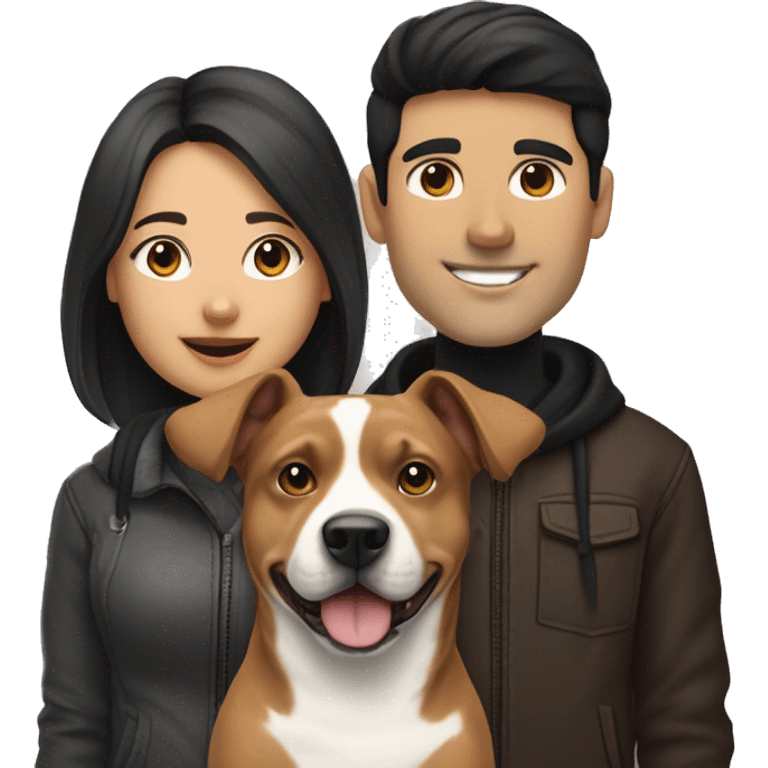 Create an emoji-style image of a young couple: a woman with dark brown hair and a man with black hair. In front of them are two dogs: a small white-and-black dog with black spots on its face and a larger tan pitbull with a white patch on its chest. emoji