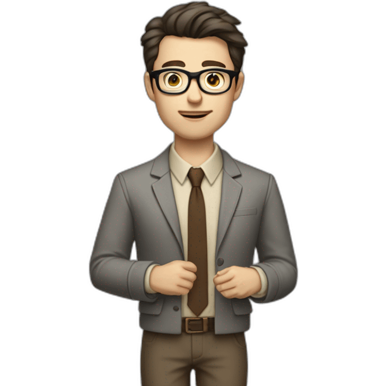 Full height Gesticulating Pale skinned fit man with dark brown hair in gray jacket, beige office shirt, brown tie, brown pants and vintage glasses. emoji