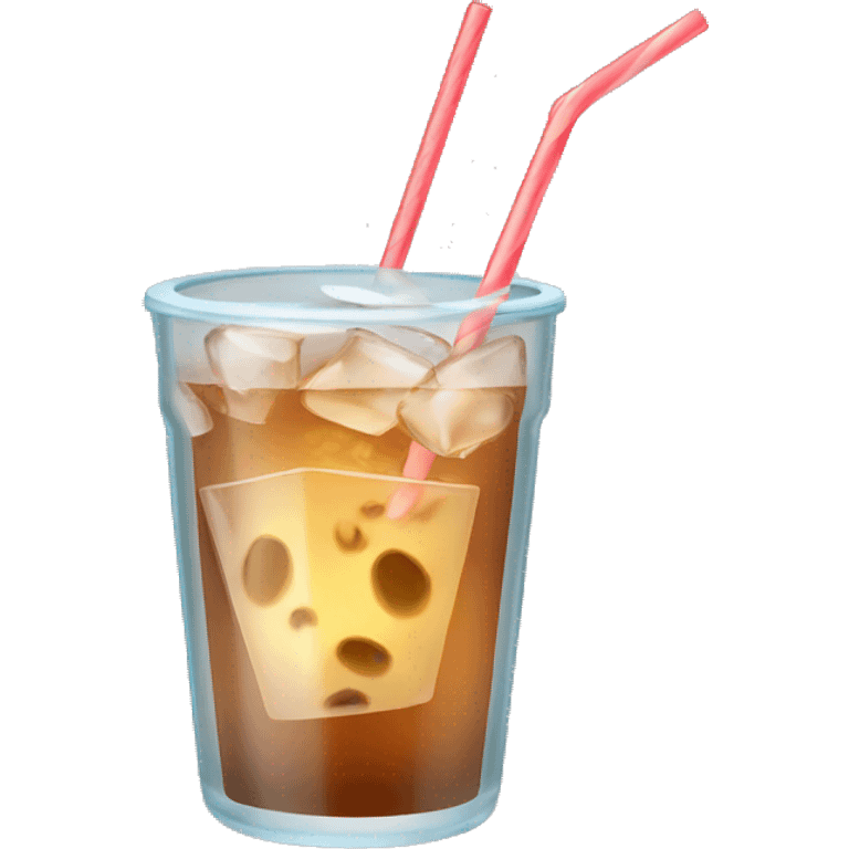 Clear glass cup with light brown drink, ice, and straw emoji