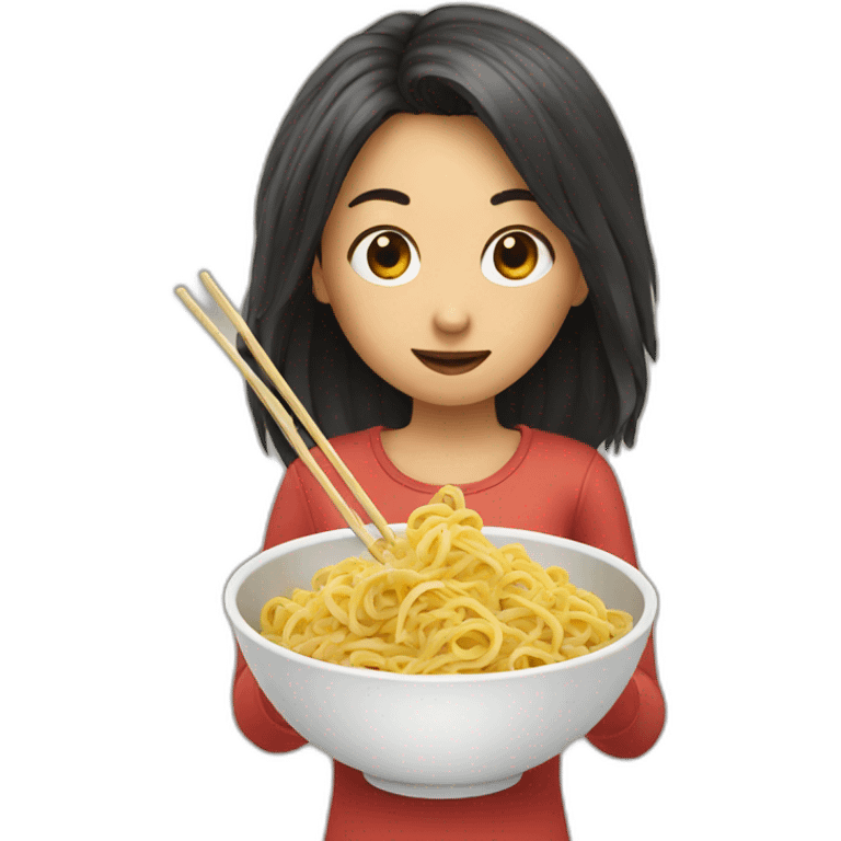 girl eating wok pasta with sticks emoji