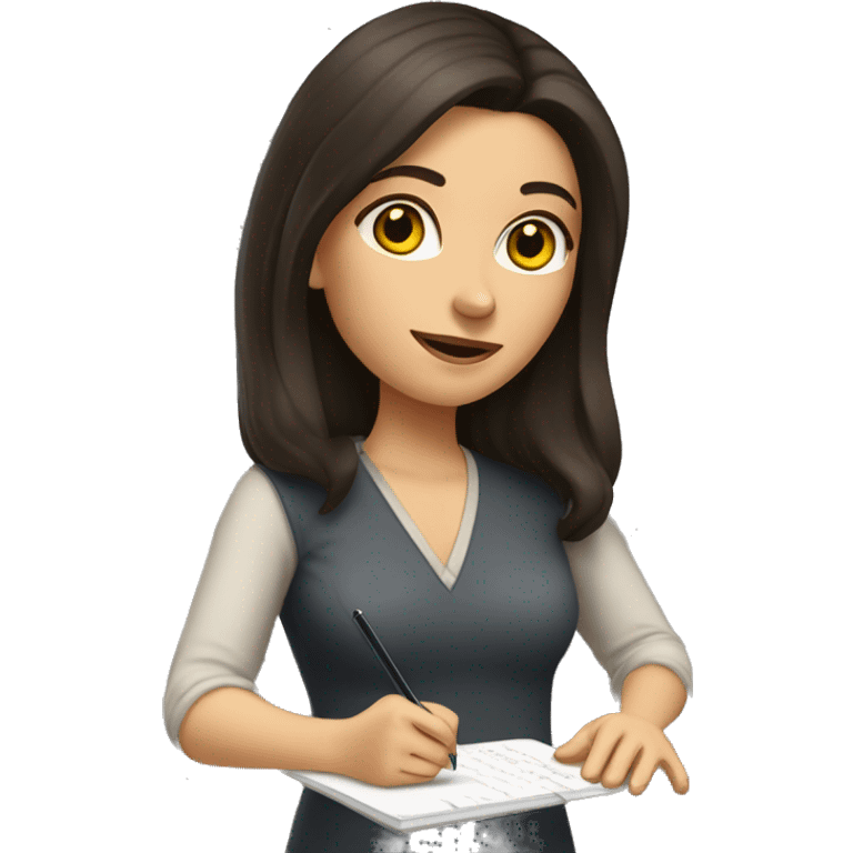 caucasian woman with long dark brown hair and dark brown eyes writing notes emoji