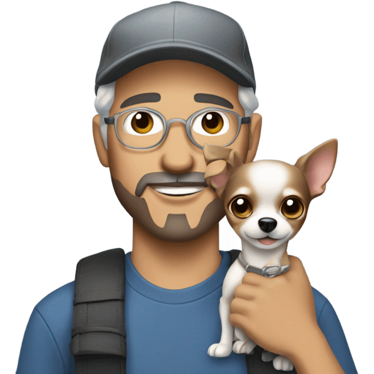 blue eyed man with gray hair and goatee wearing ball cap holding chihuahua with long black hair emoji