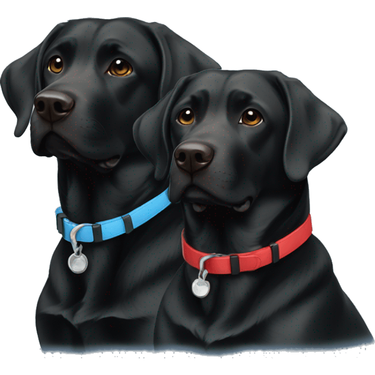 2 happy adult black labradors side by side, one with red colour, other with light blue collar emoji