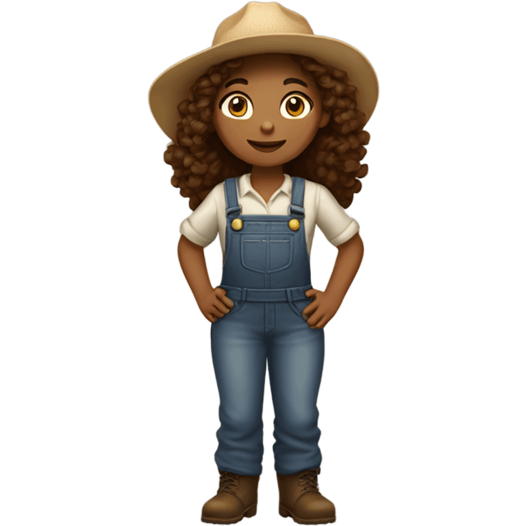 full body farmer girl standing, medium skin tone, brown curly hair, dark eyes emoji