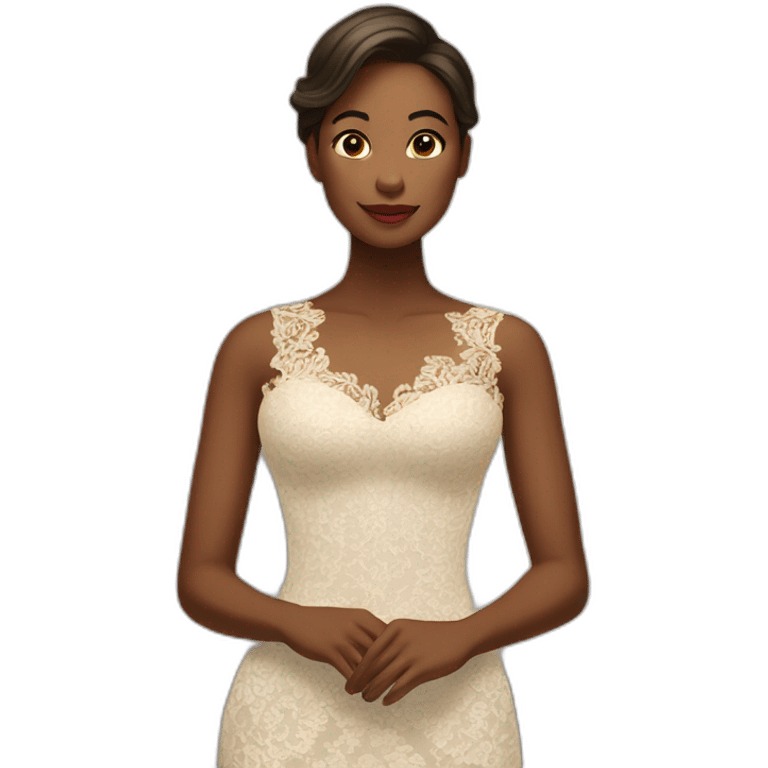 "A woman in a delicate lace dress poses in a luxurious, softly lit room." emoji