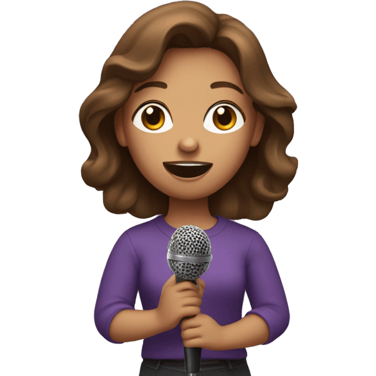 Girl in purple shirt and brown hair singing into a microphone emoji