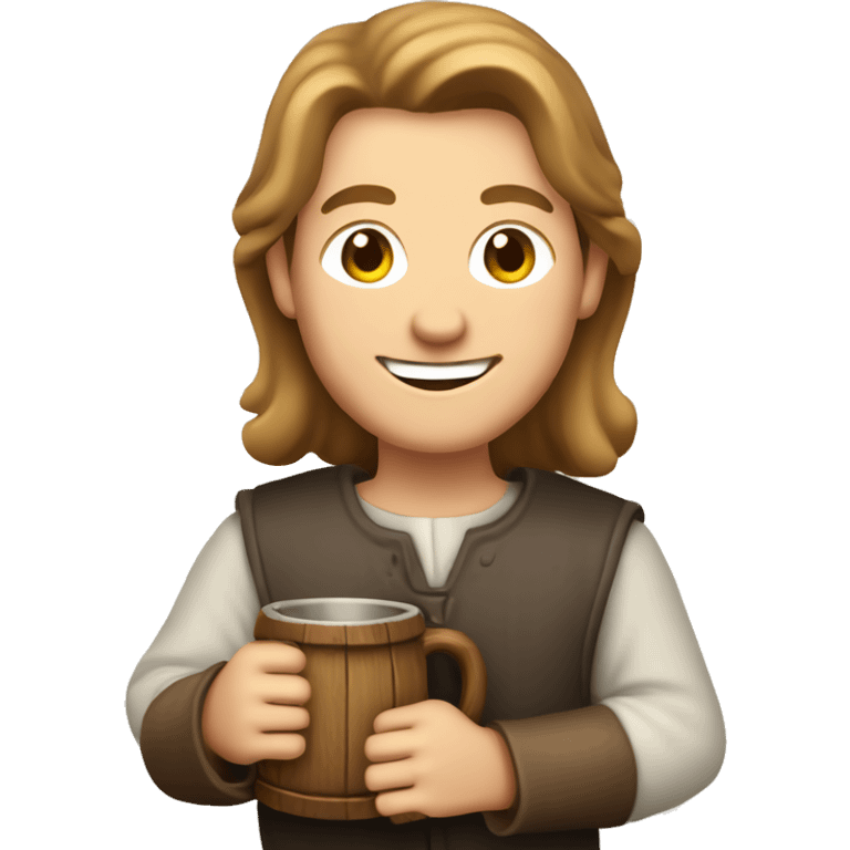 Friendly medieval bartender holding a wooden mug, smiling and welcoming with light brown hair. emoji