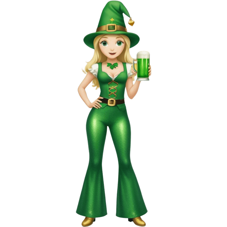 Blonde haired pretty woman in glittery green bell bottoms and tall leprechaun hat holding a green beer emoji