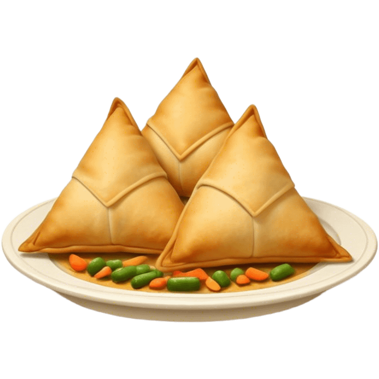 Cinematic Realistic Samosas Dish Emoji, depicted as golden, crispy pastry pockets filled with spiced vegetables rendered with detailed textures and appetizing lighting. emoji