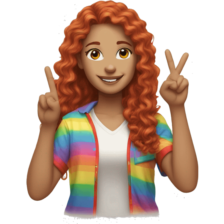 a white girl with long red curly hair in a pony tail with rainbow shirt does peace sign  emoji