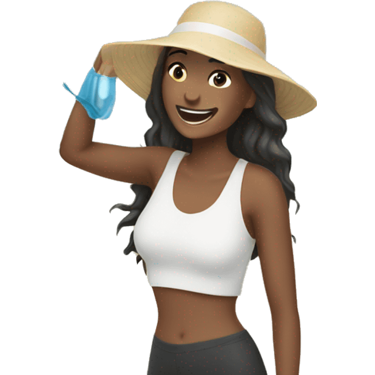 happy women work remotly at the beach emoji