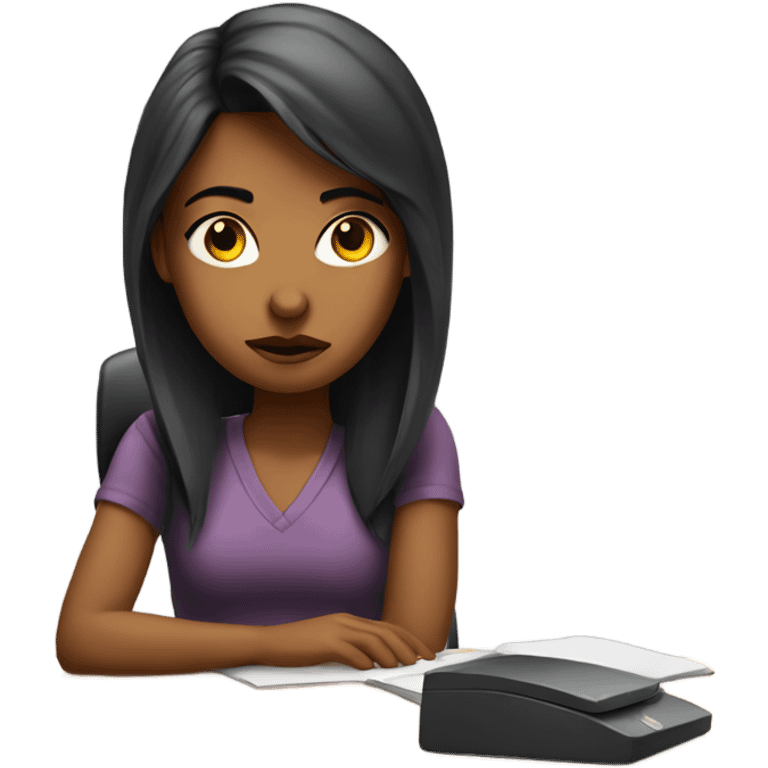 girl sitting at desk pouting emoji