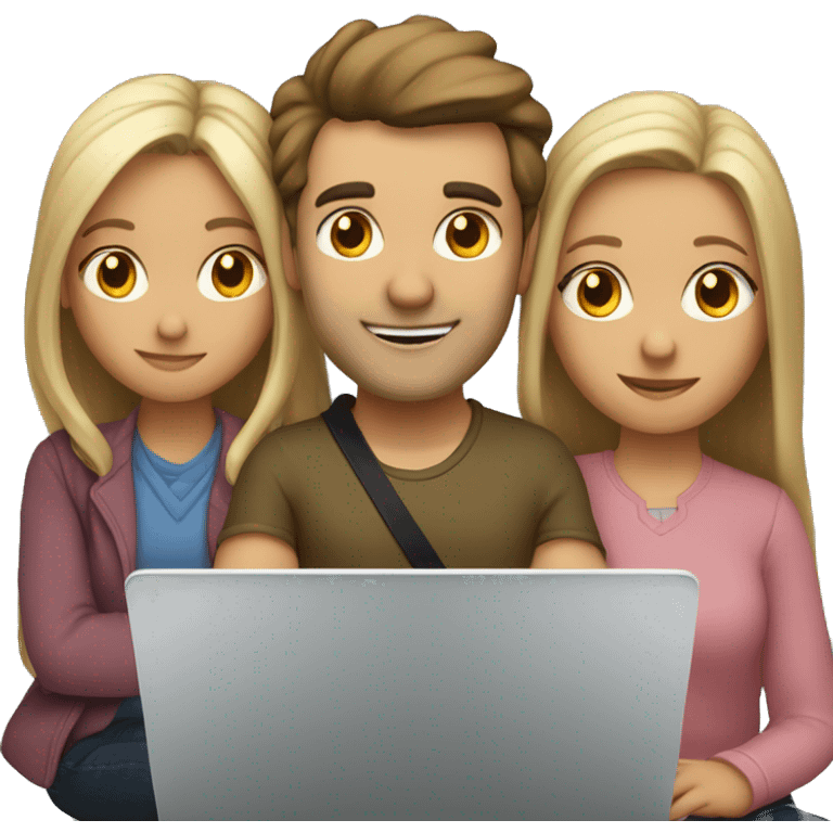 2 girl and 3 man each of them holding laptop and sit together  emoji