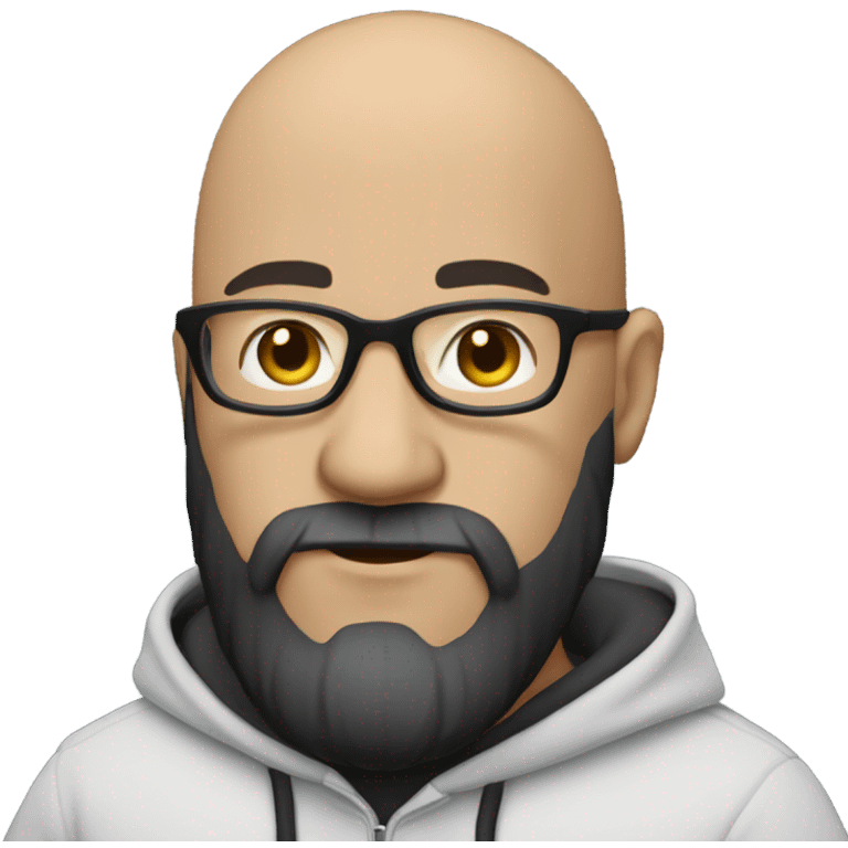 Bald man, white skin Color, with Glases with a thick black beard black hoodie emoji