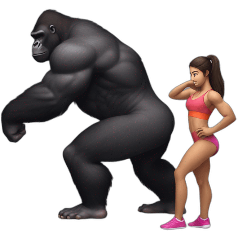 Big buff Gorilla holding a beautiful girl with a big back doing squats emoji