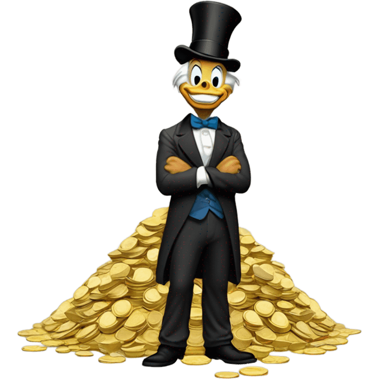 a slim successful looking scrooge mcduck standing atop a pile of money emoji