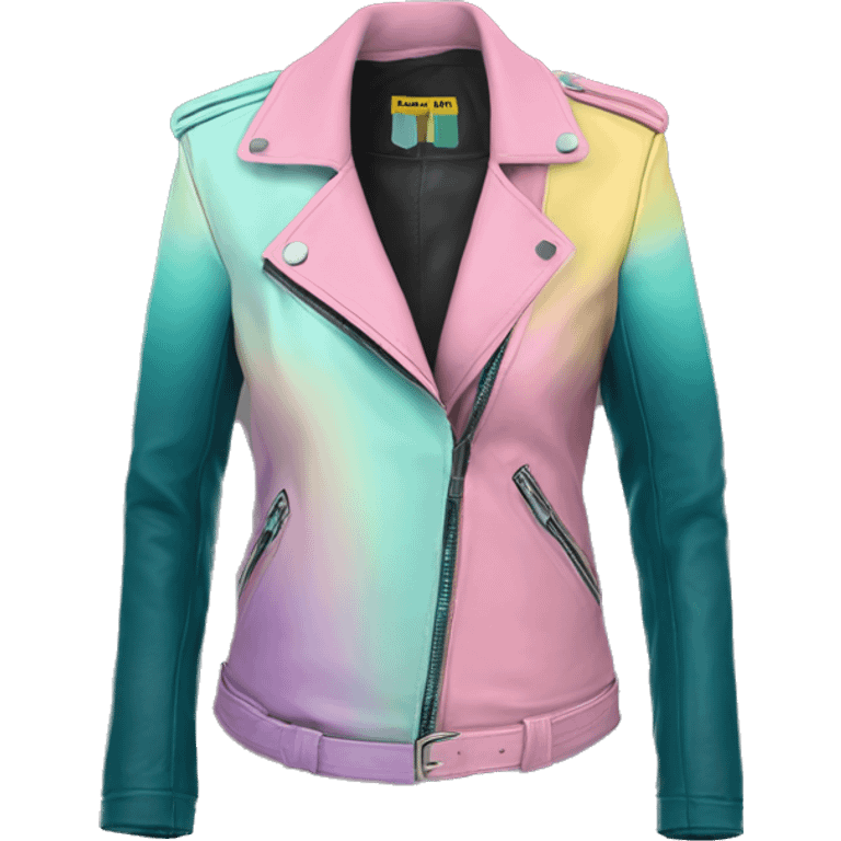 Realistic isolated side view of a pastel purple,dark teal,pastel yellow and pastel pink ombre open military style leather fashion jacket. emoji