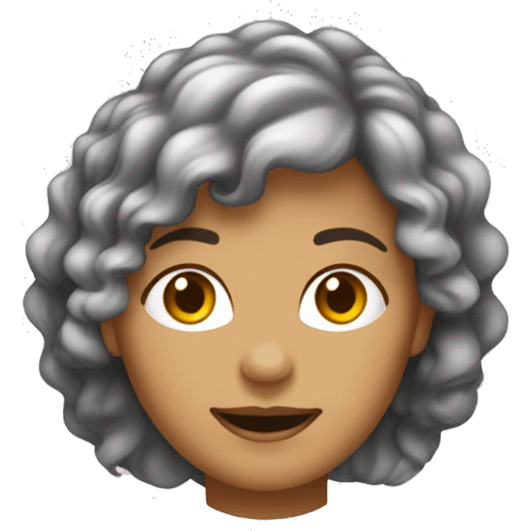 Mulher, 50 anos, cabelo comprido, castanho e ondulado, olhos castanhos, cara redonda, divertida, a piscar o olho emoji